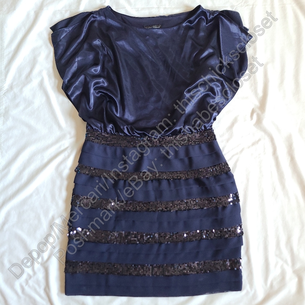 VGUC Jessica Howard Navy Blue Layered Sequined Flutter Sleeve Blouson Dress, 14